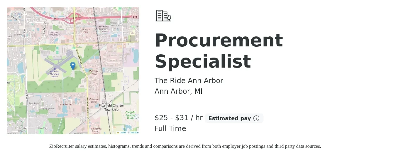 The Ride Ann Arbor job posting for a Procurement Specialist in Ann Arbor, MI with a salary of $55,000 to $69,000 Yearly with a map of Ann Arbor location.