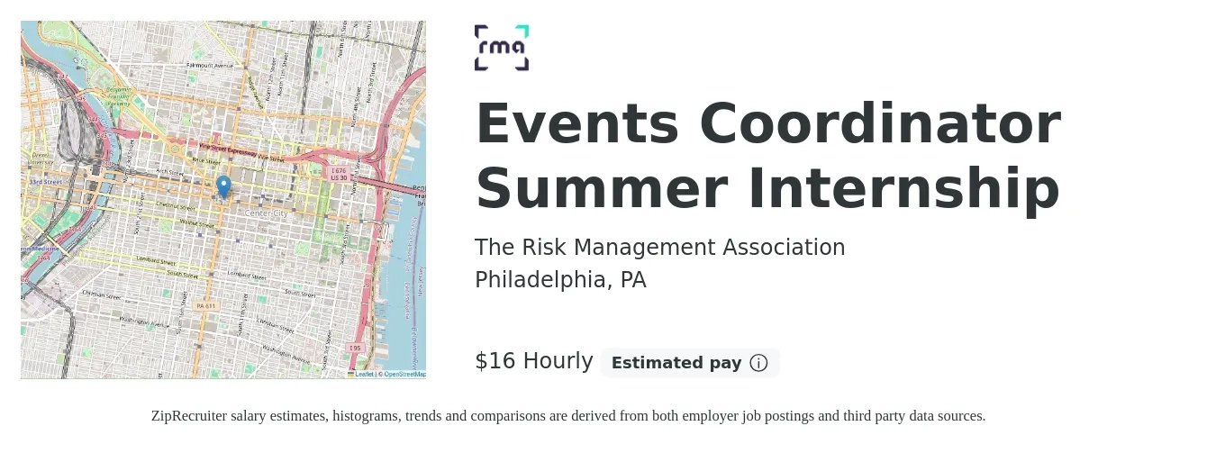 The Risk Management Association job posting for a Events Coordinator Summer Internship in Philadelphia, PA with a salary of $17 Hourly with a map of Philadelphia location.