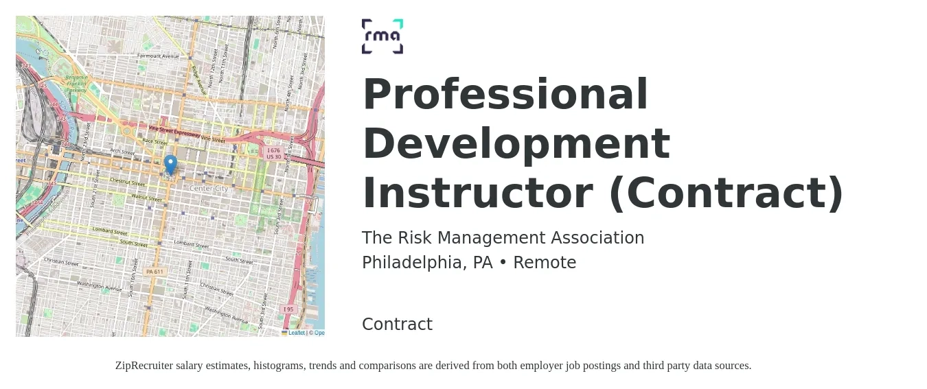 The Risk Management Association job posting for a Professional Development Instructor (Contract) in Philadelphia, PA with a salary of $12 to $33 Hourly with a map of Philadelphia location.