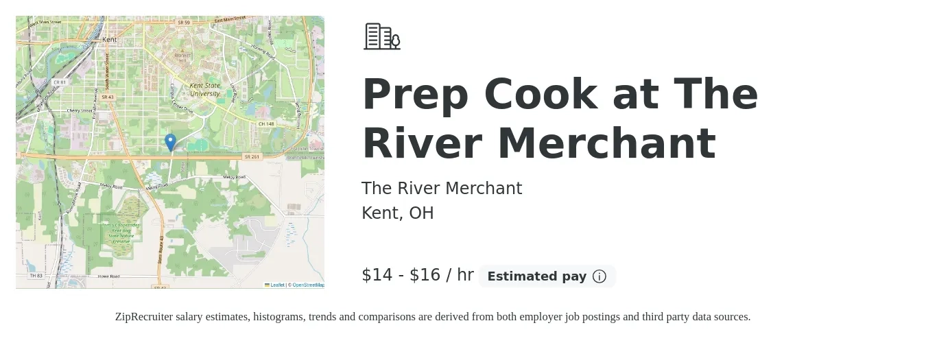 The River Merchant job posting for a Prep Cook at The River Merchant in Kent, OH with a salary of $15 to $17 Hourly with a map of Kent location.
