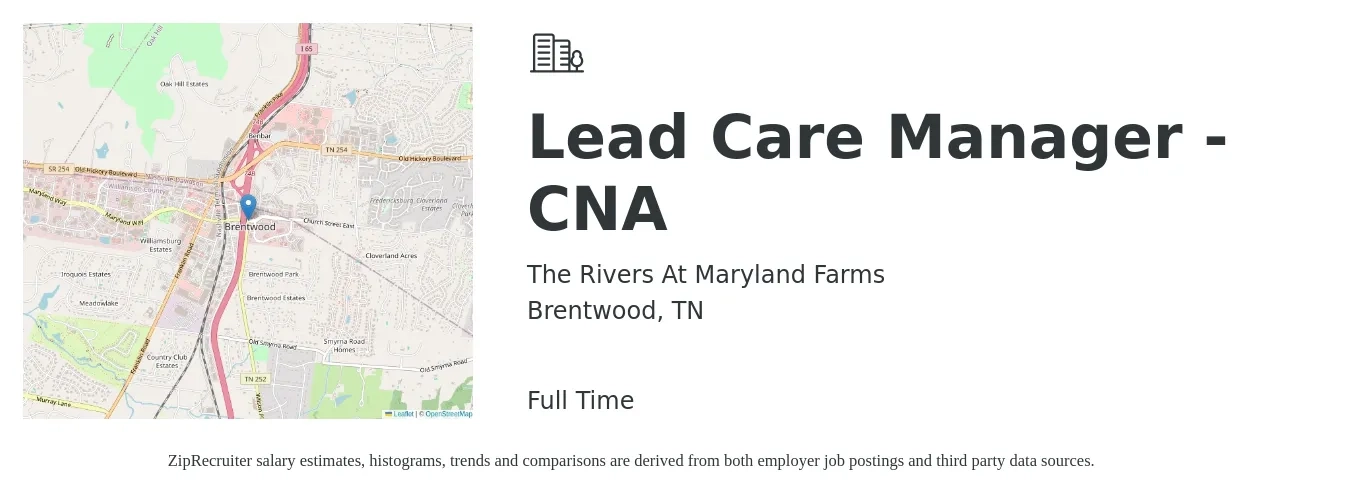 The Rivers At Maryland Farms job posting for a Lead Care Manager - CNA in Brentwood, TN with a salary of $16 to $22 Hourly with a map of Brentwood location.