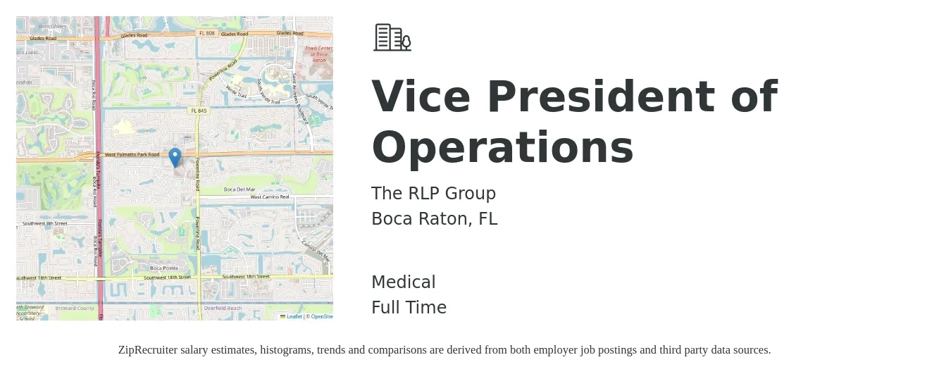 The RLP Group job posting for a Vice President of Operations in Boca Raton, FL with a salary of $109,600 to $175,600 Yearly and benefits including medical, and retirement with a map of Boca Raton location.