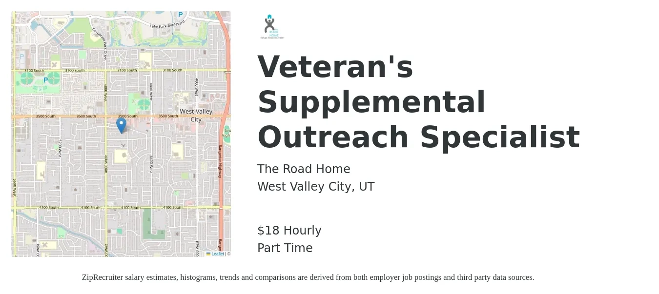 The Road Home job posting for a Veteran's Supplemental Outreach Specialist in West Valley City, UT with a salary of $19 Hourly with a map of West Valley City location.