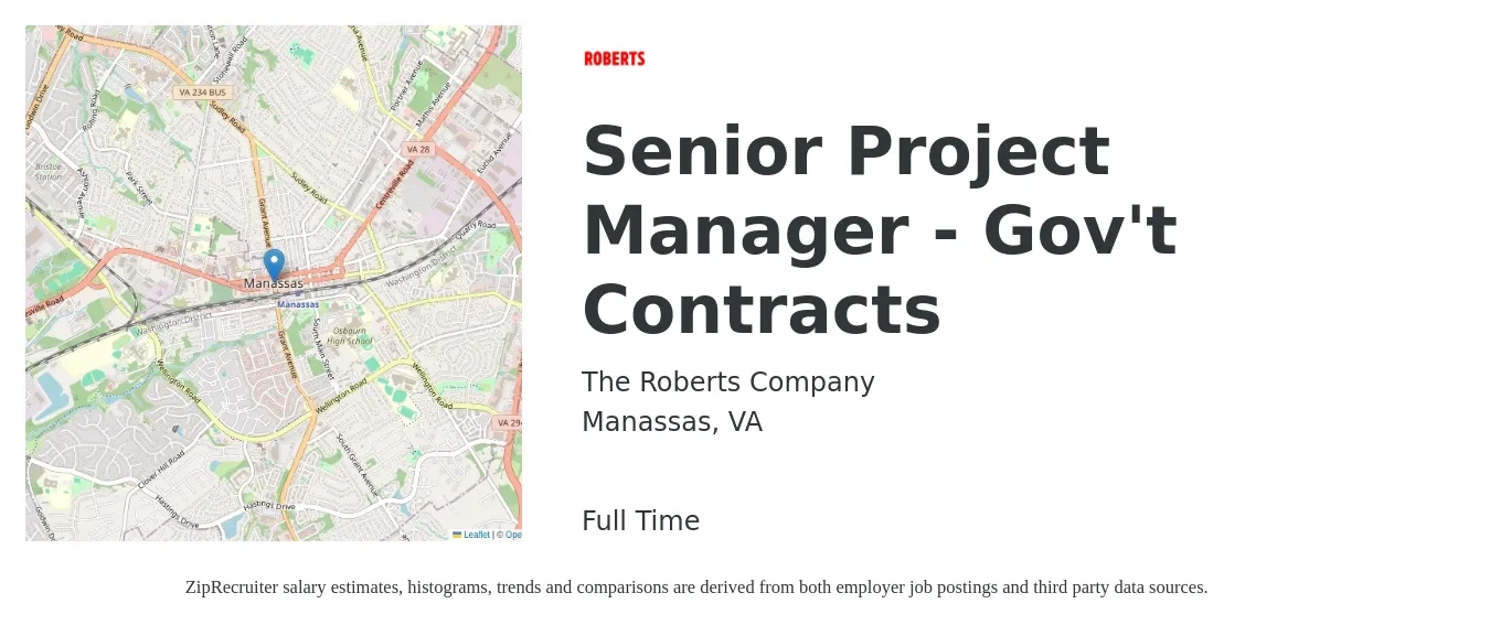The Roberts Company job posting for a Senior Project Manager - Gov't Contracts in Manassas, VA with a salary of $103,400 to $145,900 Yearly with a map of Manassas location.