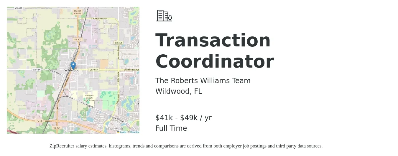 The Roberts Williams Team job posting for a Transaction Coordinator in Wildwood, FL with a salary of $41,000 to $49,000 Yearly with a map of Wildwood location.