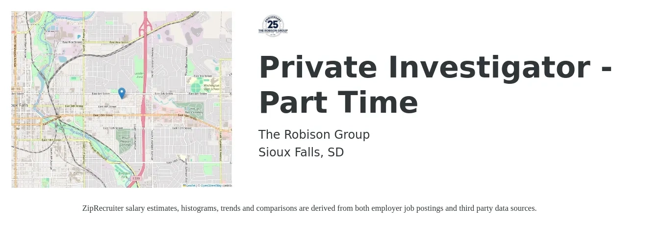 The Robison Group job posting for a Private Investigator - Part Time in Sioux Falls, SD with a salary of $22 to $28 Hourly with a map of Sioux Falls location.