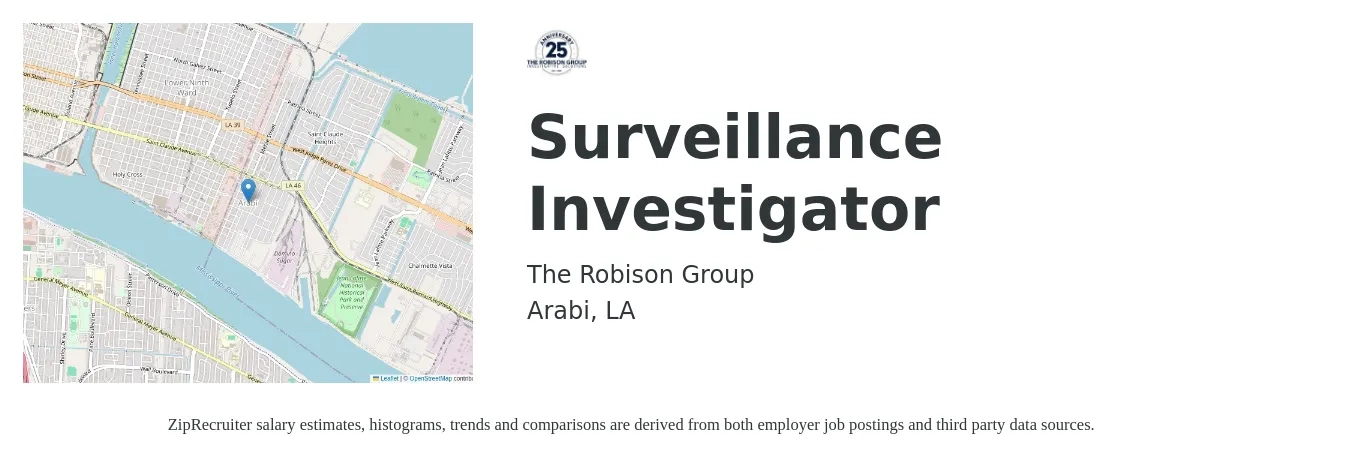 The Robison Group job posting for a Surveillance Investigator in Arabi, LA with a salary of $20 to $24 Hourly with a map of Arabi location.