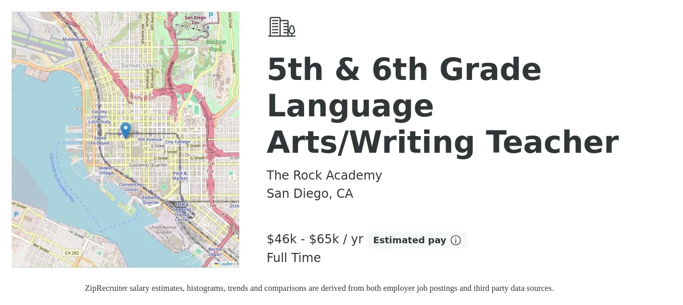 The Rock Academy job posting for a 5th & 6th Grade Language Arts/Writing Teacher in San Diego, CA with a salary of $46,920 to $65,159 Yearly with a map of San Diego location.