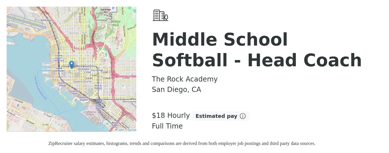The Rock Academy job posting for a Middle School Softball - Head Coach in San Diego, CA with a salary of $19 Hourly with a map of San Diego location.