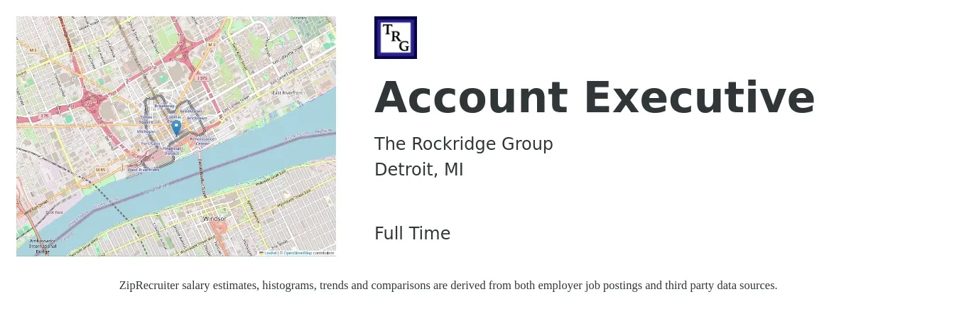 The Rockridge Group job posting for a Account Executive in Detroit, MI with a salary of $53,500 to $94,000 Yearly with a map of Detroit location.