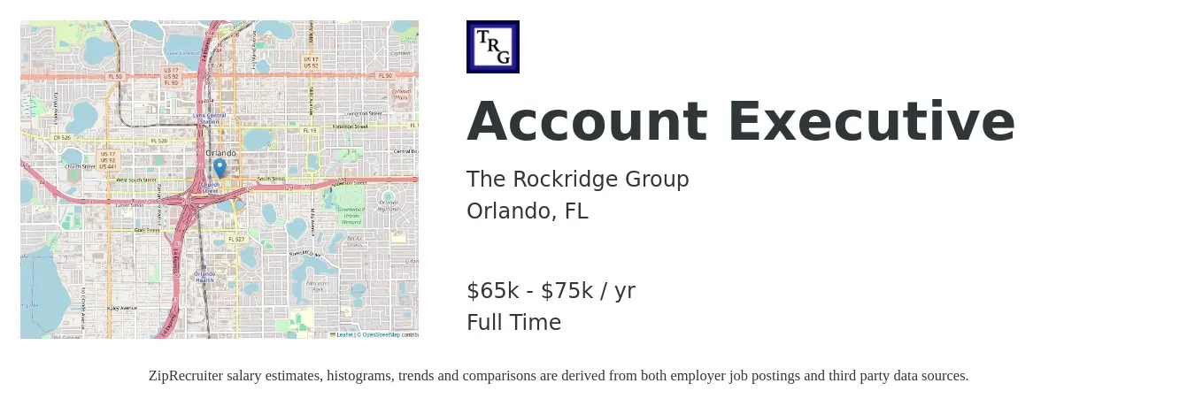 The Rockridge Group job posting for a Account Executive in Orlando, FL with a salary of $65,000 to $75,000 Yearly with a map of Orlando location.
