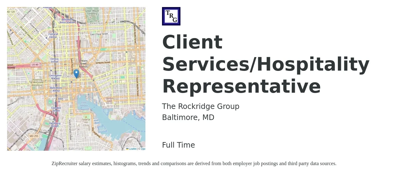The Rockridge Group job posting for a Client Services/Hospitality Representative in Baltimore, MD with a salary of $15 to $21 Hourly with a map of Baltimore location.