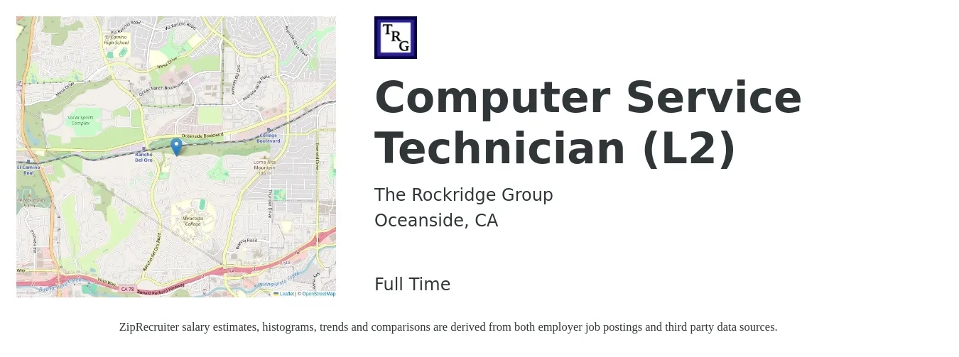The Rockridge Group job posting for a Computer Service Technician (L2) in Oceanside, CA with a salary of $18 to $24 Hourly with a map of Oceanside location.