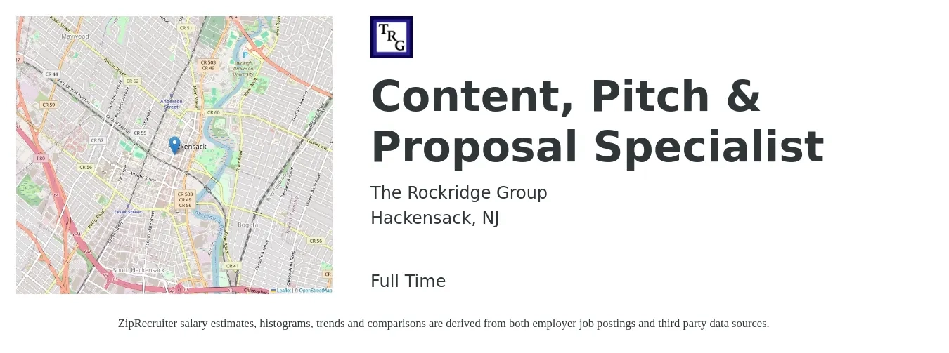 The Rockridge Group job posting for a Content, Pitch & Proposal Specialist in Hackensack, NJ with a salary of $25 to $40 Hourly with a map of Hackensack location.