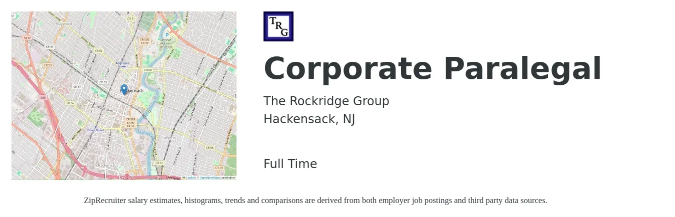The Rockridge Group job posting for a Corporate Paralegal in Hackensack, NJ with a salary of $77,400 to $103,600 Yearly with a map of Hackensack location.