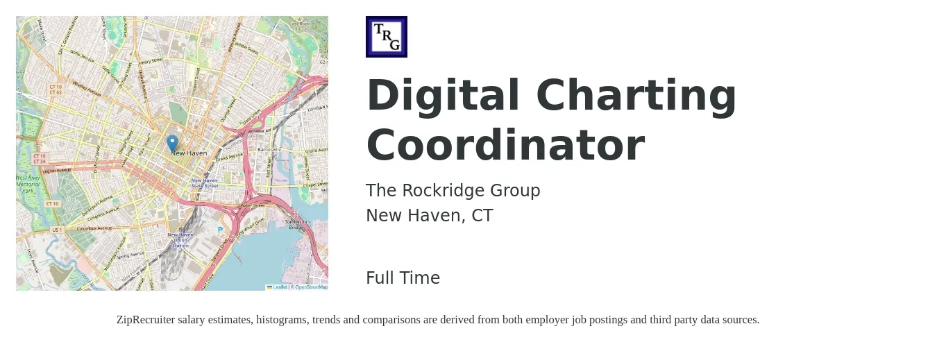 The Rockridge Group job posting for a Digital Charting Coordinator in New Haven, CT with a salary of $44,200 to $71,400 Yearly with a map of New Haven location.