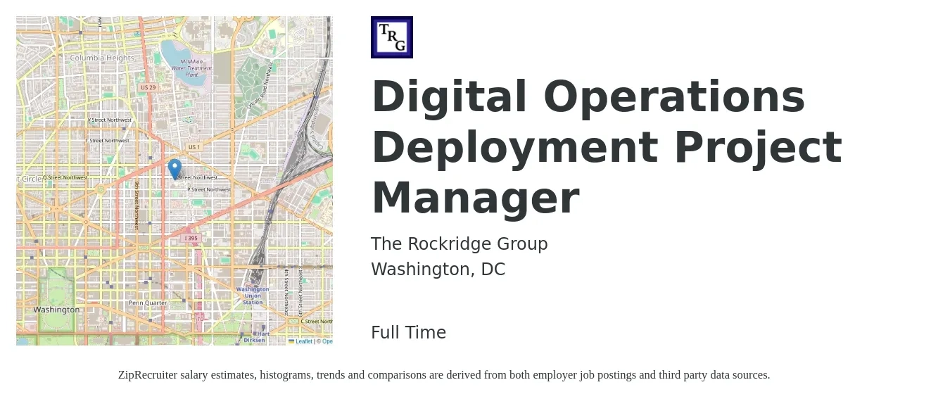 The Rockridge Group job posting for a Digital Operations Deployment Project Manager in Washington, DC with a salary of $95,700 to $155,200 Yearly with a map of Washington location.