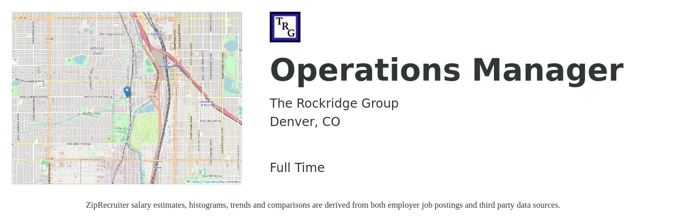 The Rockridge Group job posting for a Operations Manager in Denver, CO with a salary of $42,200 to $79,800 Yearly with a map of Denver location.