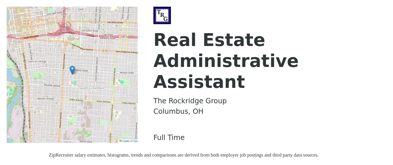 The Rockridge Group job posting for a Real Estate Administrative Assistant in Columbus, OH with a salary of $34,800 to $46,400 Yearly with a map of Columbus location.