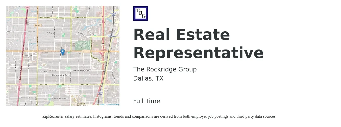 The Rockridge Group job posting for a Real Estate Representative in Dallas, TX with a salary of $37,100 to $42,500 Yearly with a map of Dallas location.