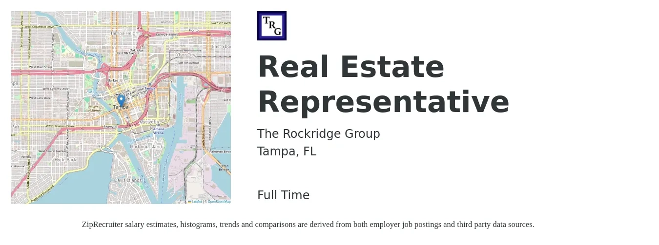 The Rockridge Group job posting for a Real Estate Representative in Tampa, FL with a salary of $54,300 to $90,700 Yearly with a map of Tampa location.