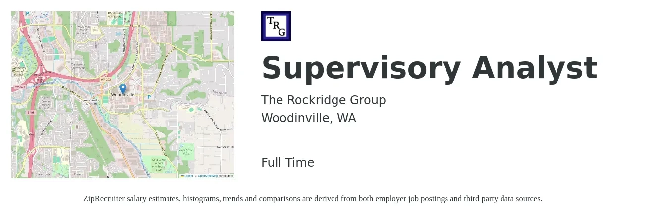 The Rockridge Group job posting for a Supervisory Analyst in Woodinville, WA with a salary of $24 to $42 Hourly with a map of Woodinville location.