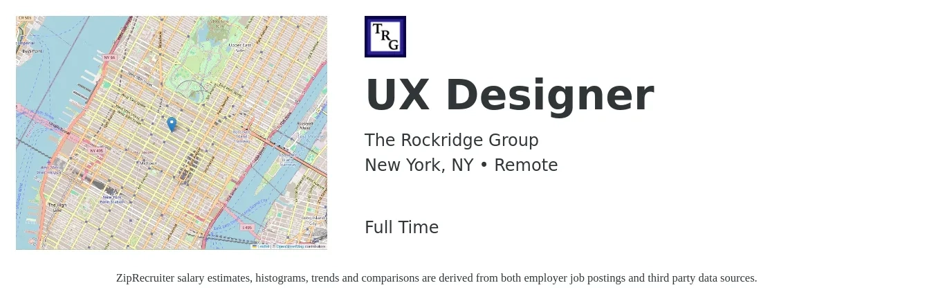 The Rockridge Group job posting for a UX Designer in New York, NY with a salary of $99,600 to $136,800 Yearly with a map of New York location.