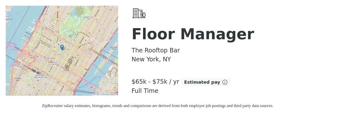 The Rooftop Bar job posting for a Floor Manager in New York, NY with a salary of $65,000 to $75,000 Yearly with a map of New York location.