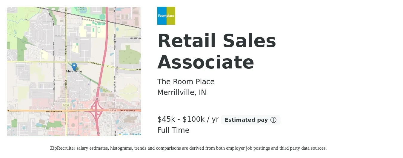 The Room Place job posting for a Retail Sales Associate in Merrillville, IN with a salary of $45,000 to $100,000 Yearly with a map of Merrillville location.