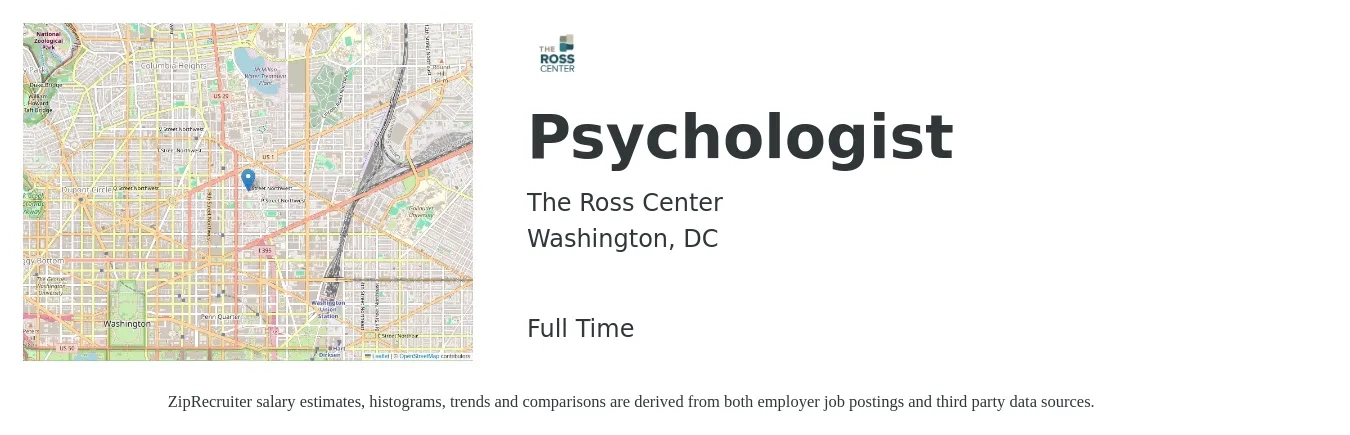 The Ross Center job posting for a Psychologist in Washington, DC with a salary of $99,100 to $252,600 Yearly with a map of Washington location.