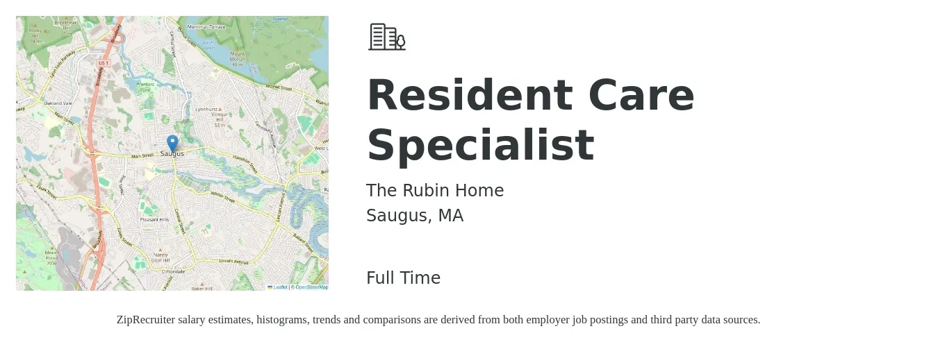 The Rubin Home job posting for a Resident Care Specialist in Saugus, MA with a salary of $15 to $20 Hourly with a map of Saugus location.