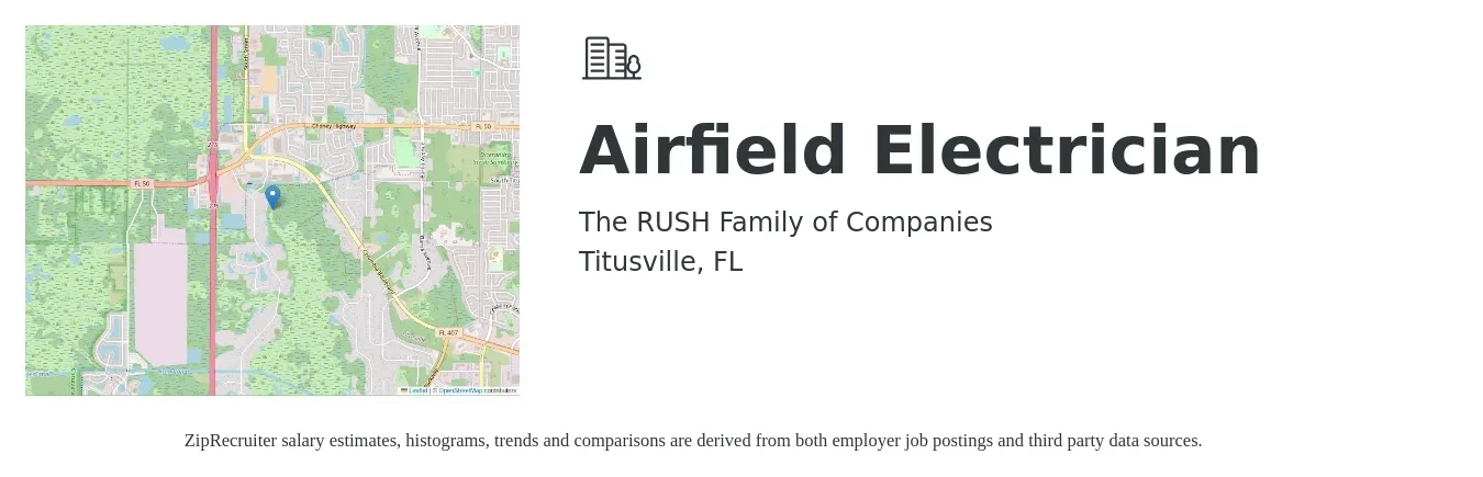 The RUSH Family of Companies job posting for a Airfield Electrician in Titusville, FL with a salary of $30 to $35 Hourly with a map of Titusville location.