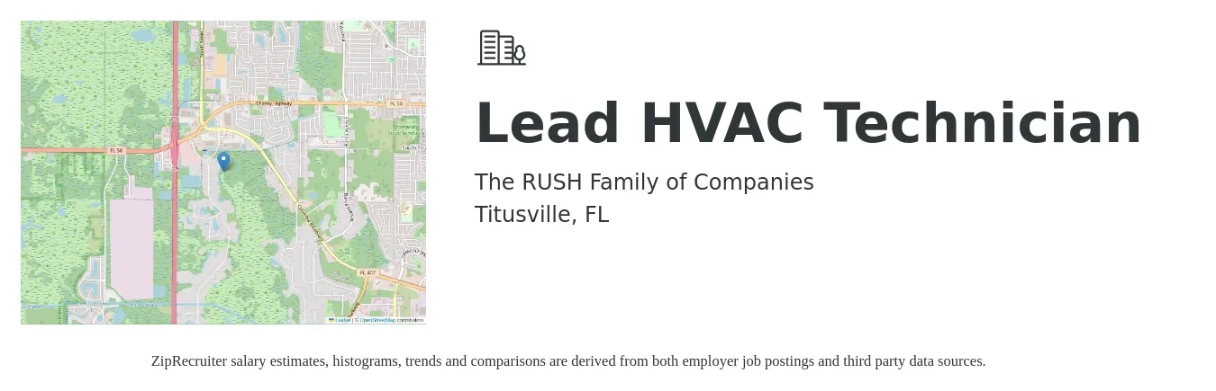 The RUSH Family of Companies job posting for a Lead HVAC Technician in Titusville, FL with a salary of $36,100 to $46,800 Yearly with a map of Titusville location.