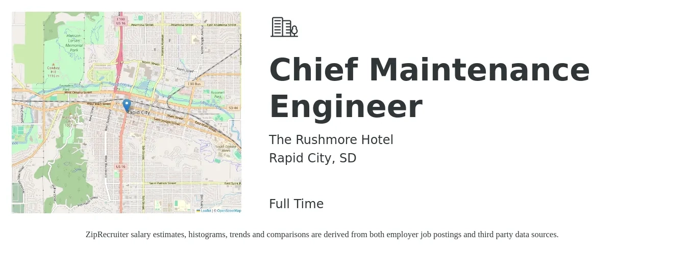 The Rushmore Hotel job posting for a Chief Maintenance Engineer in Rapid City, SD with a salary of $55,000 to $65,000 Yearly with a map of Rapid City location.