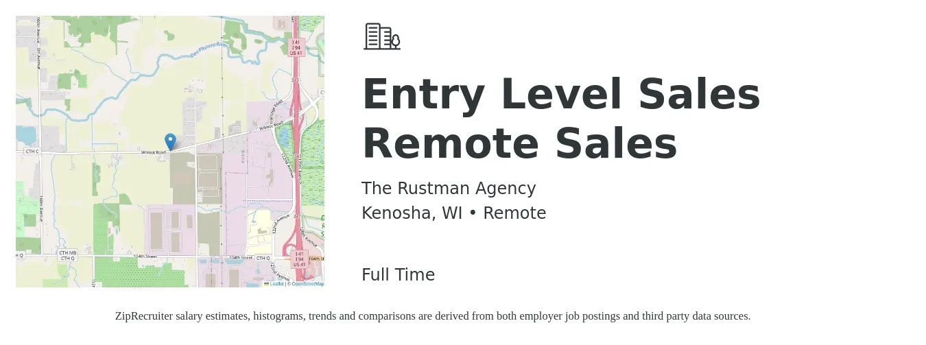The Rustman Agency job posting for a Entry Level Sales Remote Sales in Kenosha, WI with a salary of $45,800 to $73,700 Yearly with a map of Kenosha location.