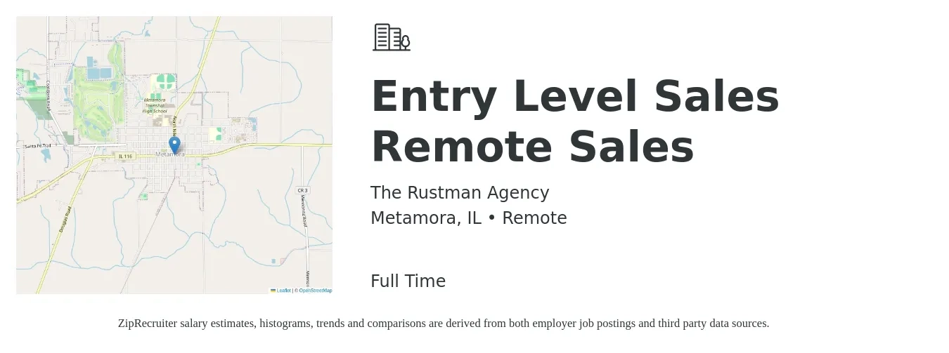 The Rustman Agency job posting for a Entry Level Sales Remote Sales in Metamora, IL with a salary of $44,800 to $72,000 Yearly with a map of Metamora location.