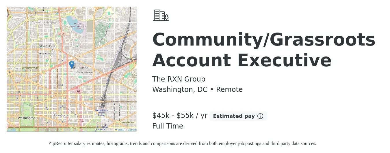 The RXN Group job posting for a Community/Grassroots Account Executive in Washington, DC with a salary of $45,000 to $55,000 Yearly with a map of Washington location.