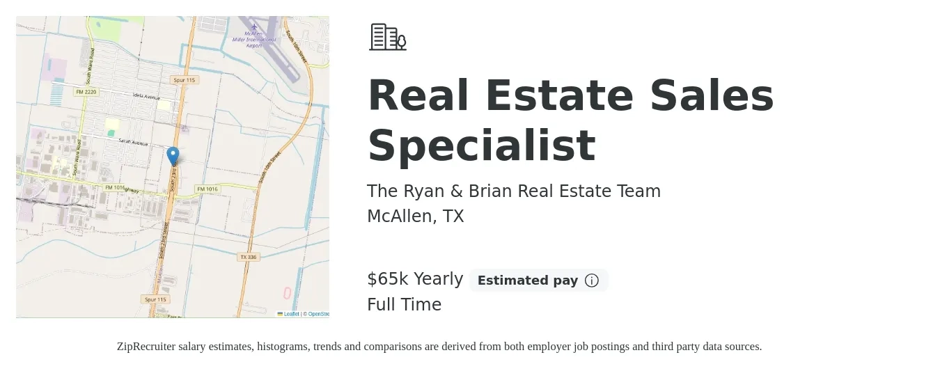 The Ryan & Brian Real Estate Team job posting for a Real Estate Sales Specialist in McAllen, TX with a salary of $65,000 Yearly with a map of McAllen location.