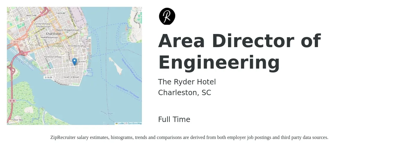 The Ryder Hotel job posting for a Area Director of Engineering in Charleston, SC with a salary of $132,400 to $236,800 Yearly with a map of Charleston location.