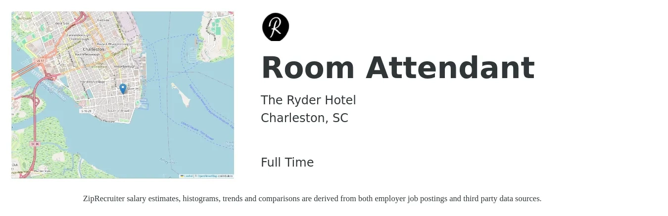 The Ryder Hotel job posting for a Room Attendant in Charleston, SC with a salary of $13 to $16 Hourly with a map of Charleston location.