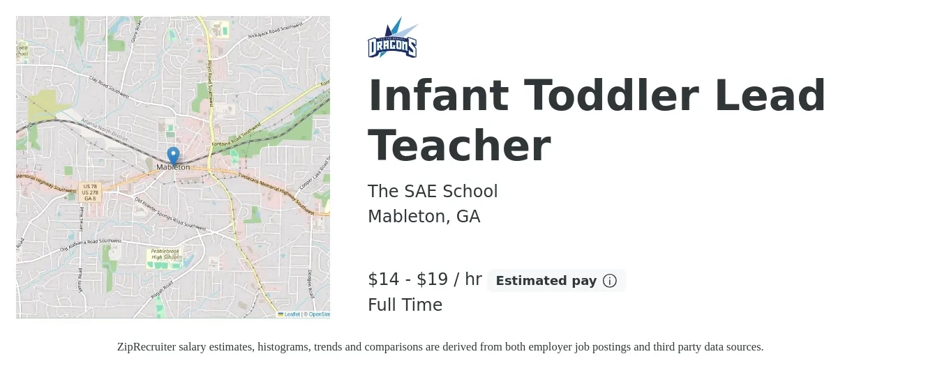 The SAE School job posting for a Infant Toddler Lead Teacher in Mableton, GA with a salary of $15 to $20 Hourly with a map of Mableton location.