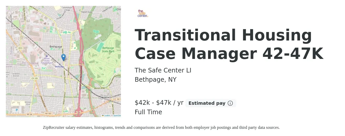 The Safe Center LI job posting for a Transitional Housing Case Manager 42-47K in Bethpage, NY with a salary of $42,000 to $47,000 Yearly with a map of Bethpage location.