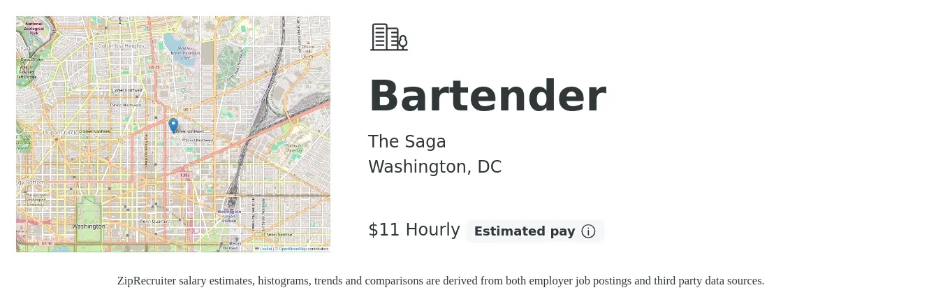 The Saga job posting for a Bartender in Washington, DC with a salary of $12 Hourly with a map of Washington location.