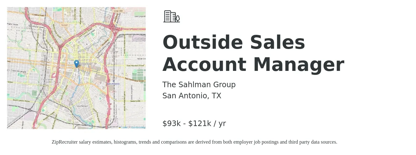 The Sahlman Group job posting for a Outside Sales Account Manager in San Antonio, TX with a salary of $59,100 to $84,600 Yearly with a map of San Antonio location.