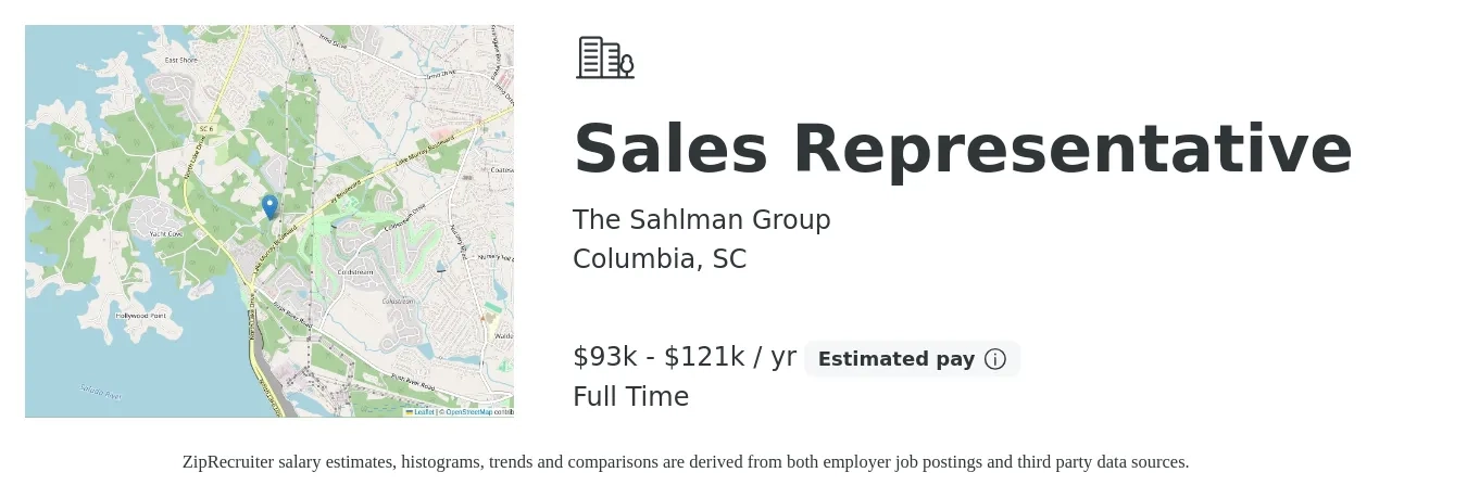 The Sahlman Group job posting for a Sales Representative in Columbia, SC with a salary of $49,500 to $86,000 Yearly with a map of Columbia location.