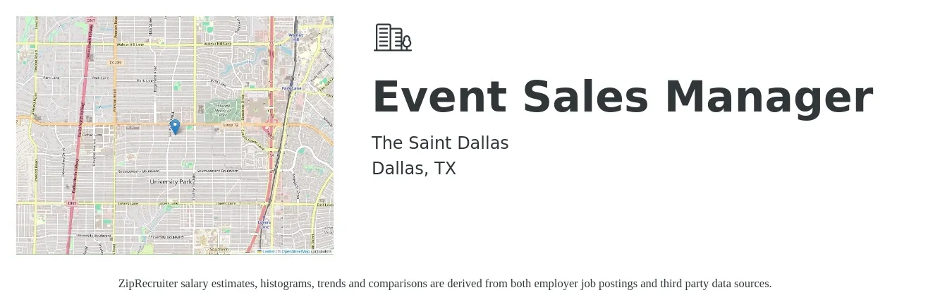 The Saint Dallas job posting for a Event Sales Manager in Dallas, TX with a salary of $51,900 to $74,200 Yearly with a map of Dallas location.