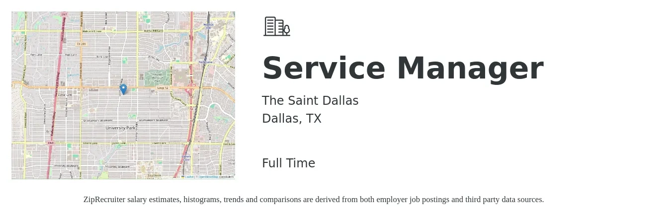 The Saint Dallas job posting for a Service Manager in Dallas, TX with a salary of $51,500 to $79,700 Yearly with a map of Dallas location.
