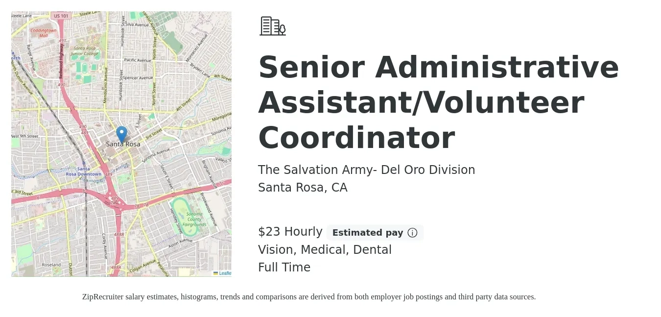 The Salvation Army- Del Oro Division job posting for a Senior Administrative Assistant/Volunteer Coordinator in Santa Rosa, CA with a salary of $24 Hourly and benefits including medical, pto, retirement, vision, dental, and life_insurance with a map of Santa Rosa location.