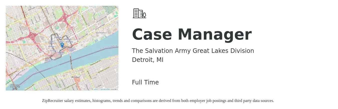 The Salvation Army Great Lakes Division job posting for a Case Manager in Detroit, MI with a salary of $49,379 to $51,602 Yearly with a map of Detroit location.