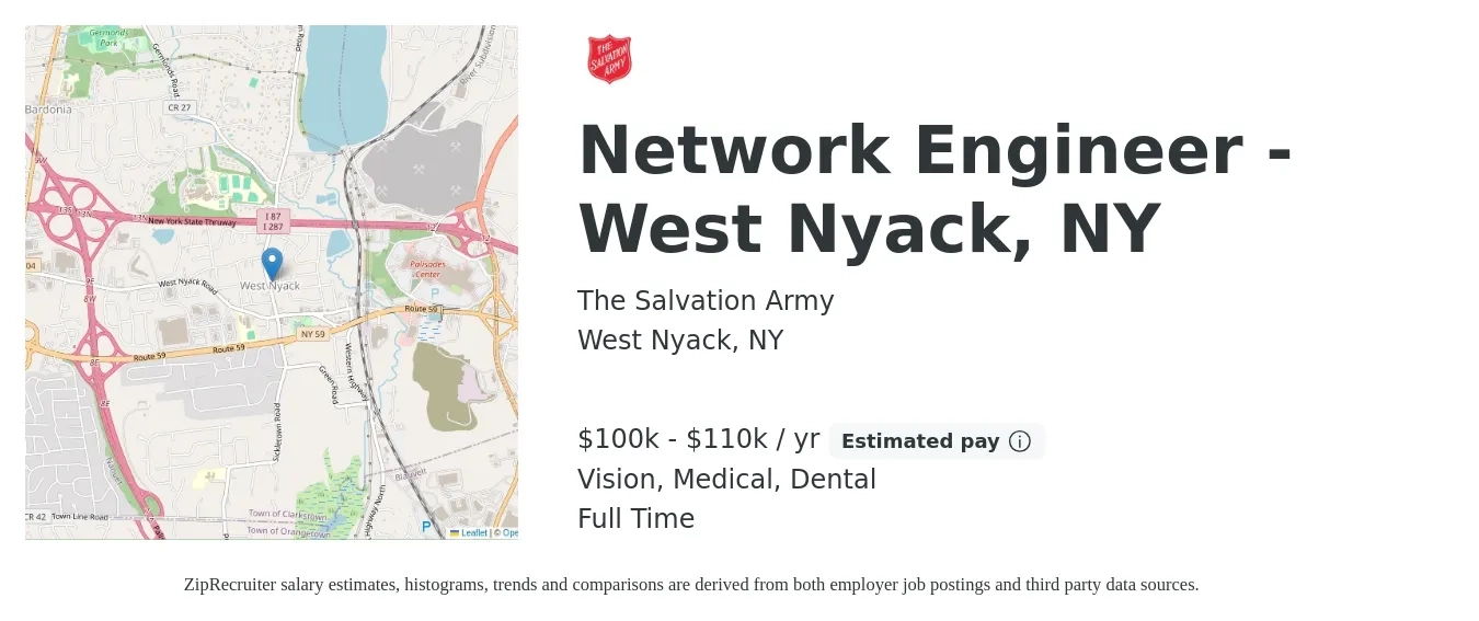 The Salvation Army job posting for a Network Engineer - West Nyack, NY in West Nyack, NY with a salary of $100,000 to $110,000 Yearly and benefits including medical, pto, retirement, vision, dental, and life_insurance with a map of West Nyack location.